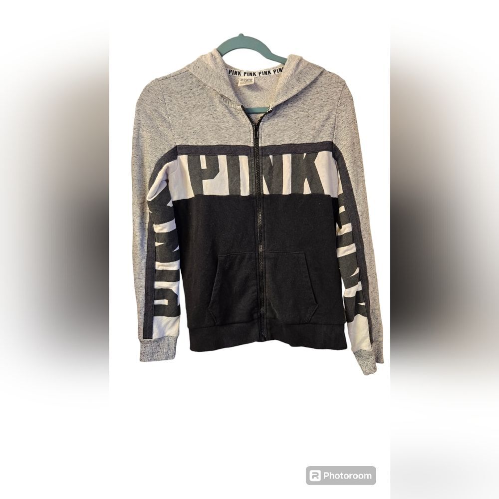 Victoria's Secret PINK Color Block Hoodie Full Zip Black White Gray Women's XS